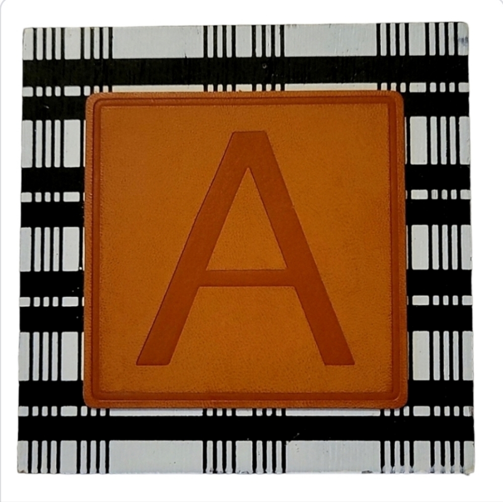 NEW Plaid & Leather "A" Wood Block Home Decor